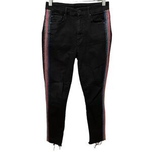 Mother Denim Womens Looker Ankle Fray Jeans 25 Black High Waisted Glitter Stripe